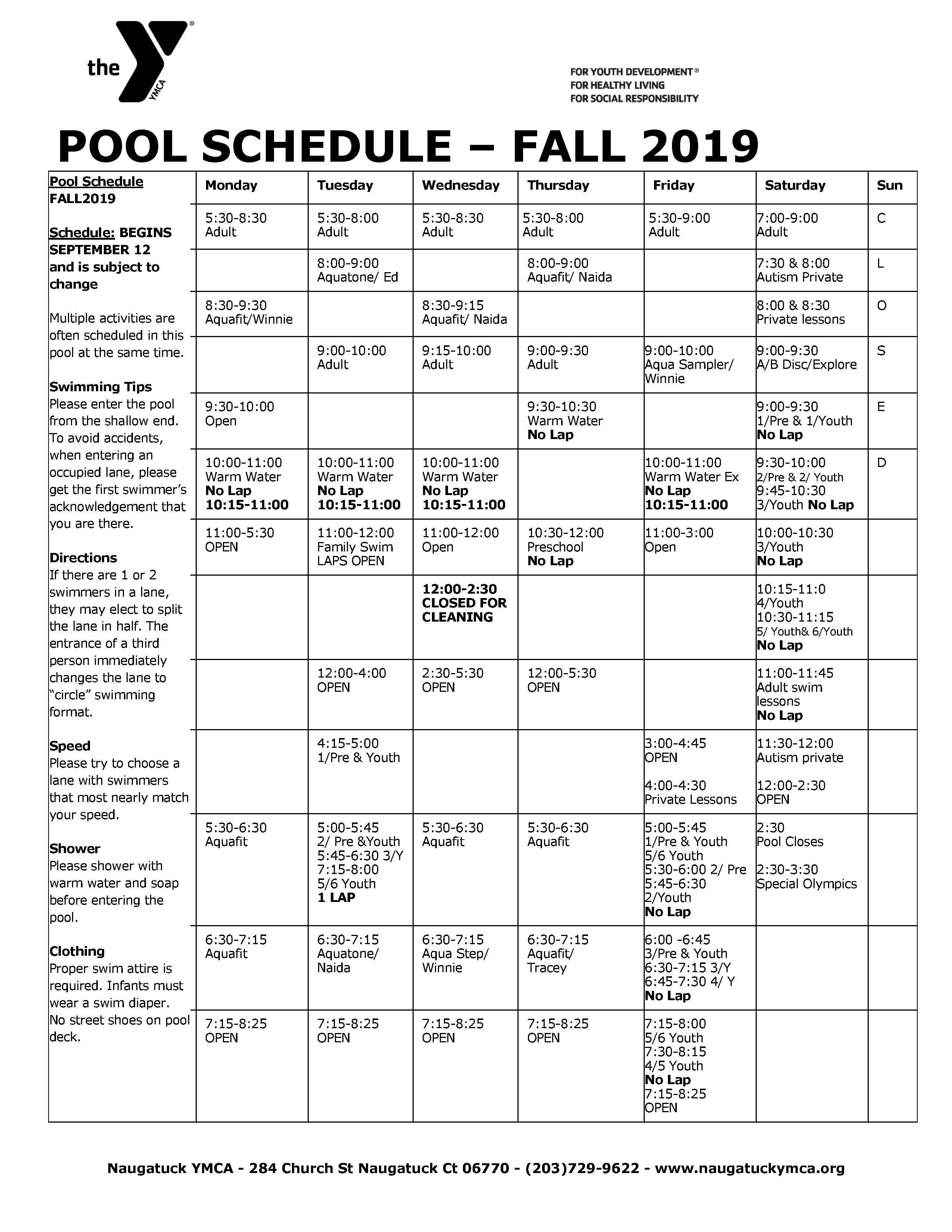 Pool Schedule FALL 2019 NAUGATUCK YMCA