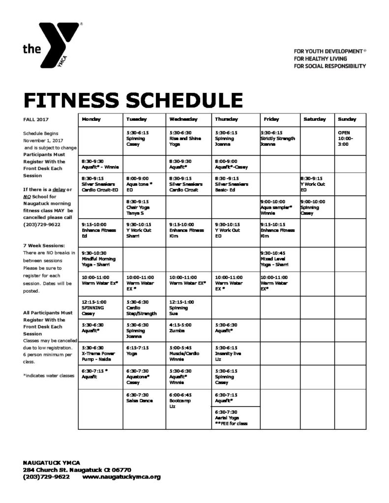 fitness schedule fall 2017 NAUGATUCK YMCA