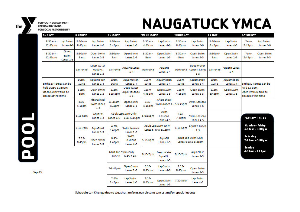 Pool Schedule NAUGATUCK YMCA
