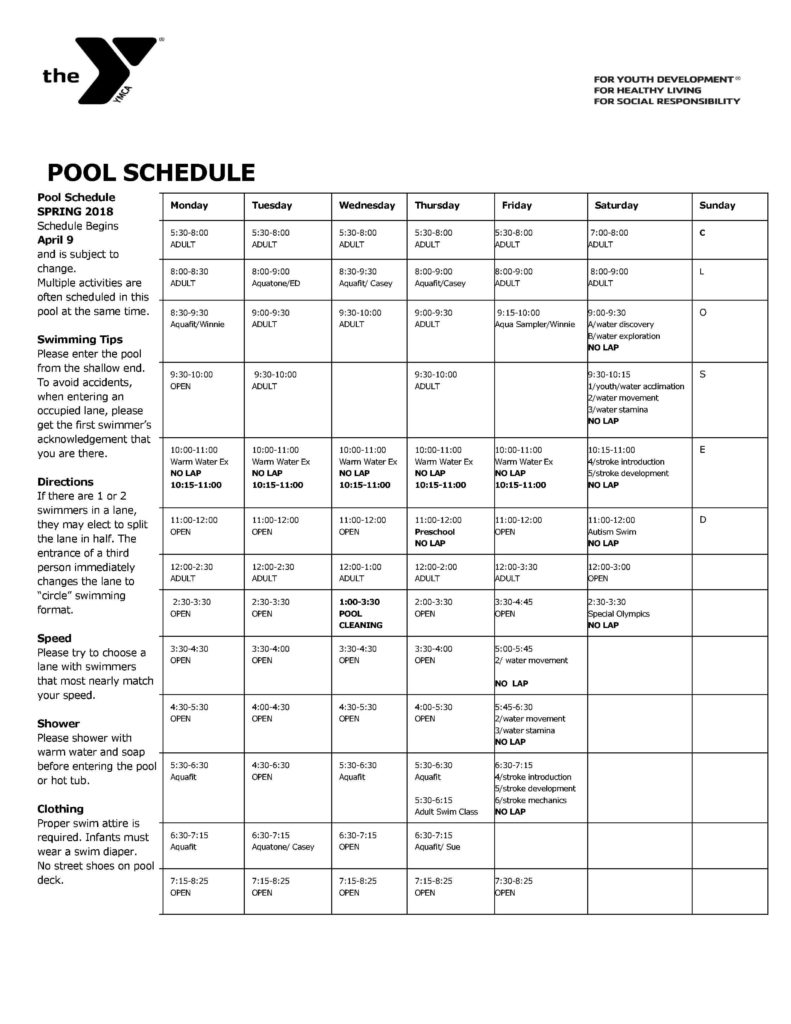 Pool schedule April 2018 NAUGATUCK YMCA