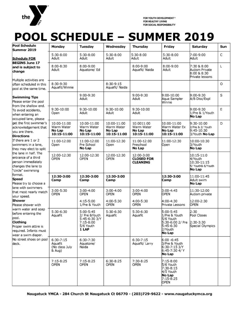 Summer Pool Schedule NAUGATUCK YMCA