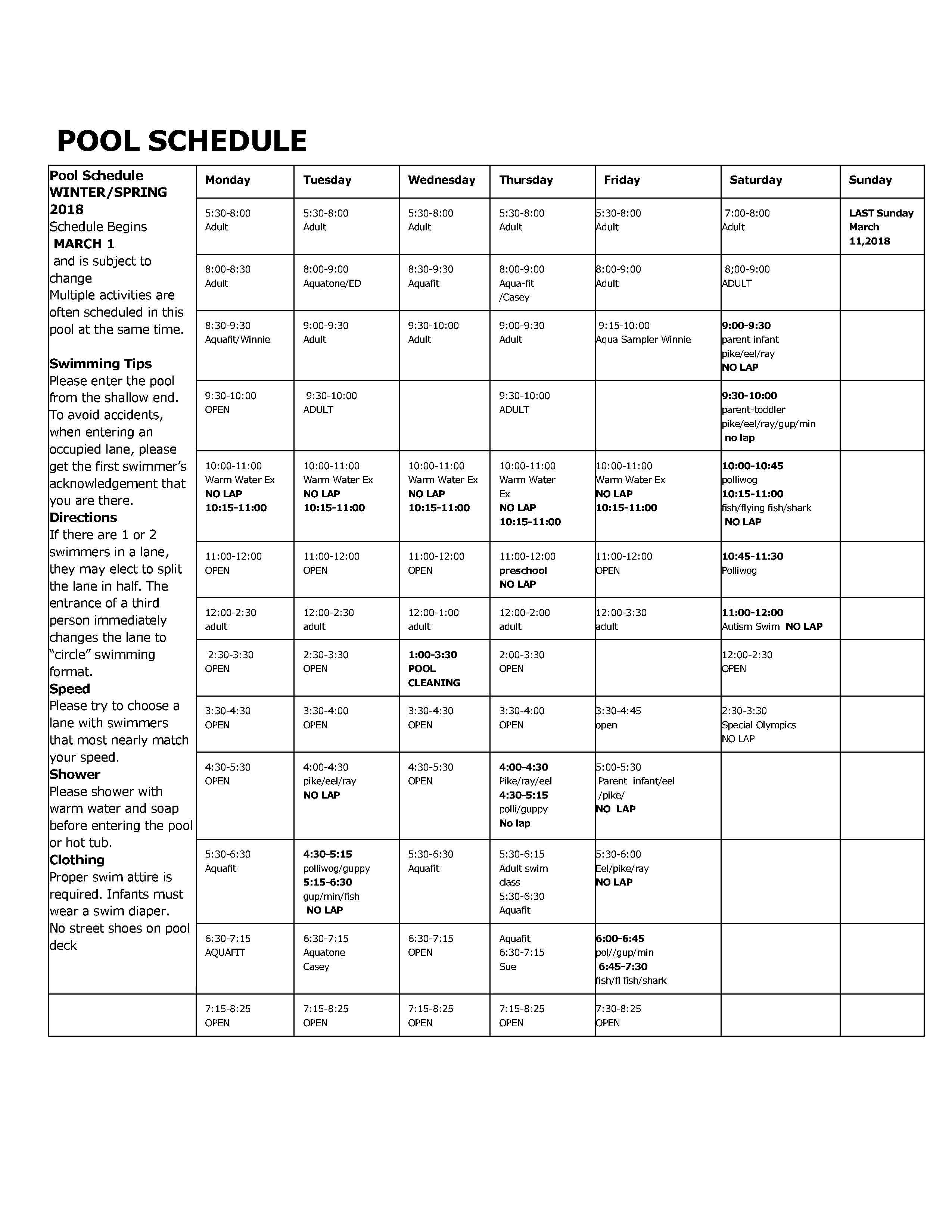 pool schedule March 2018 NAUGATUCK YMCA