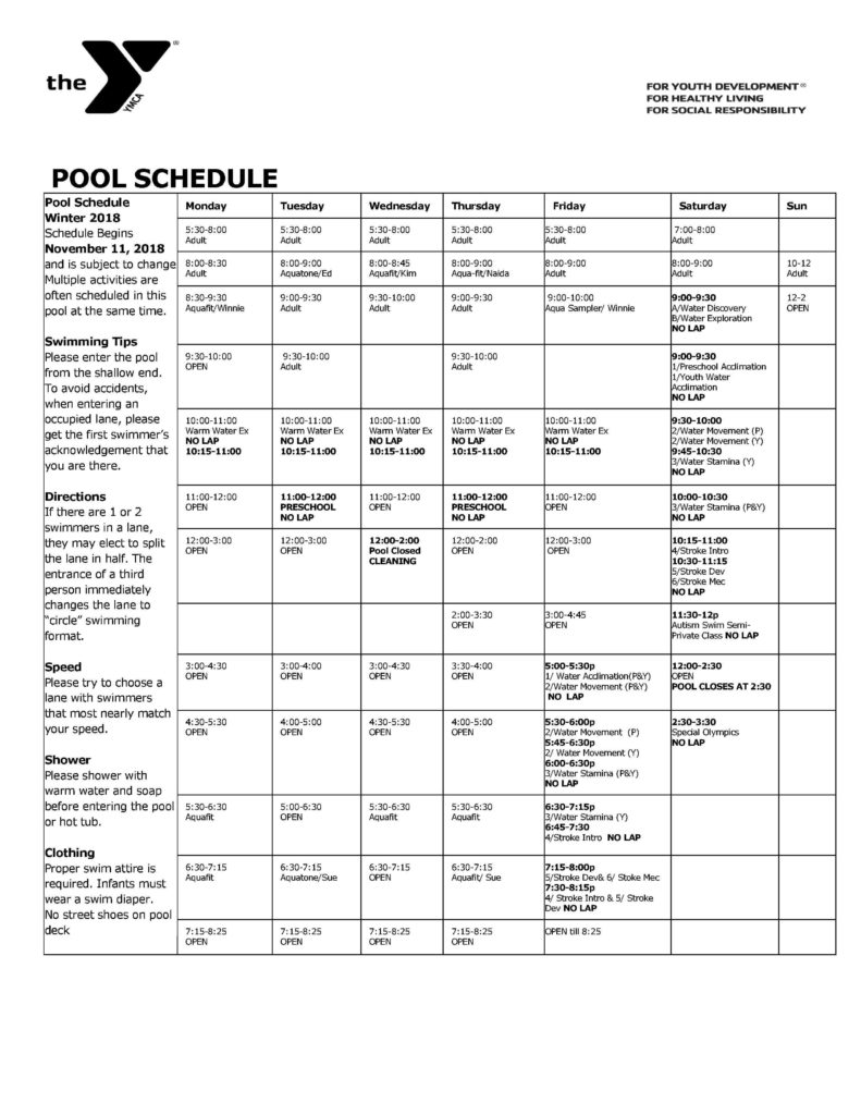 pool schedule Winter 2018 NAUGATUCK YMCA