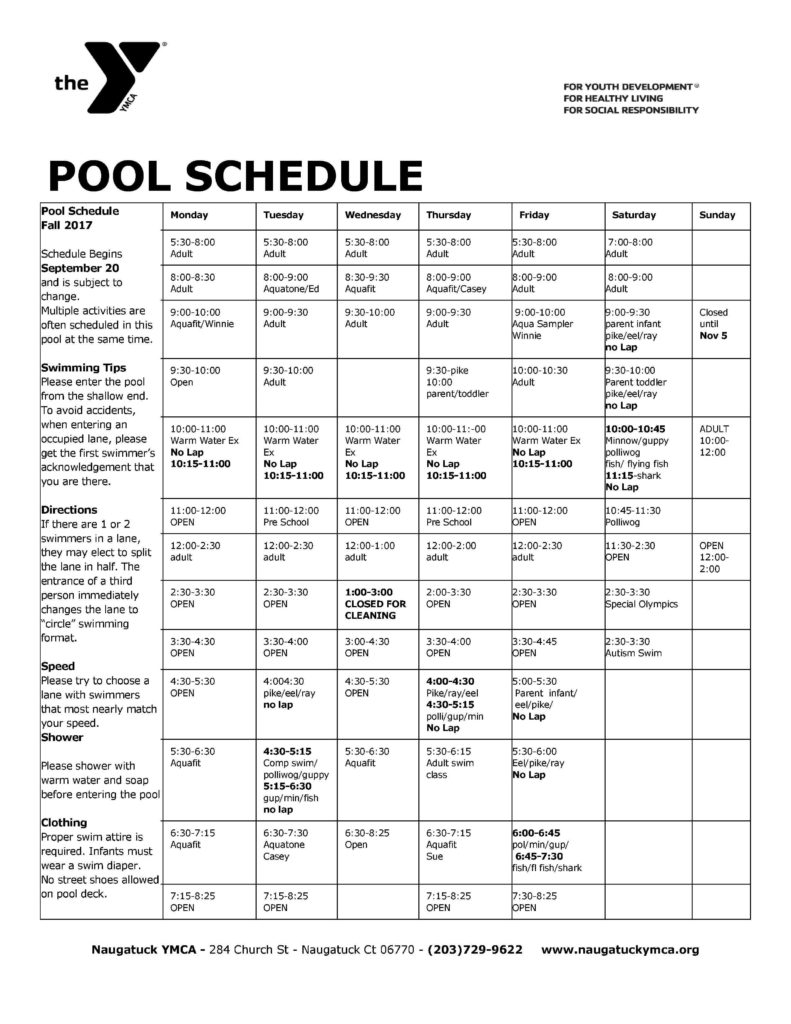 pool schedule sept 20 20171 NAUGATUCK YMCA